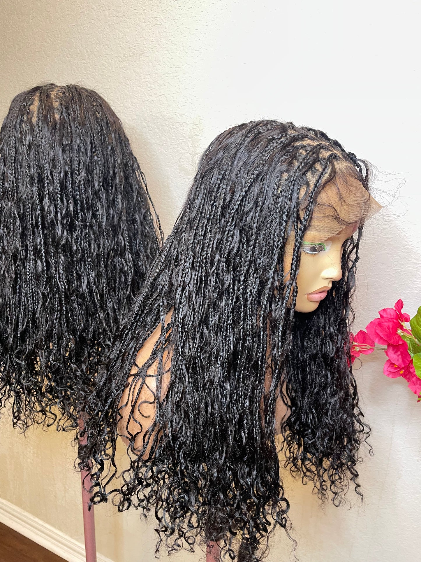 360 full lace boho curls in 18-20 inches made with human hair curls and blend lace.