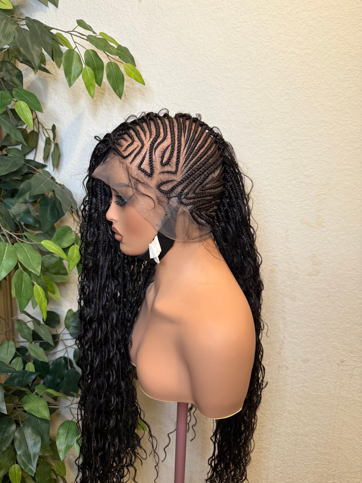 2 side zuma braids, made with hair blend fiber lace and with synthetic curls in 28-30 inches