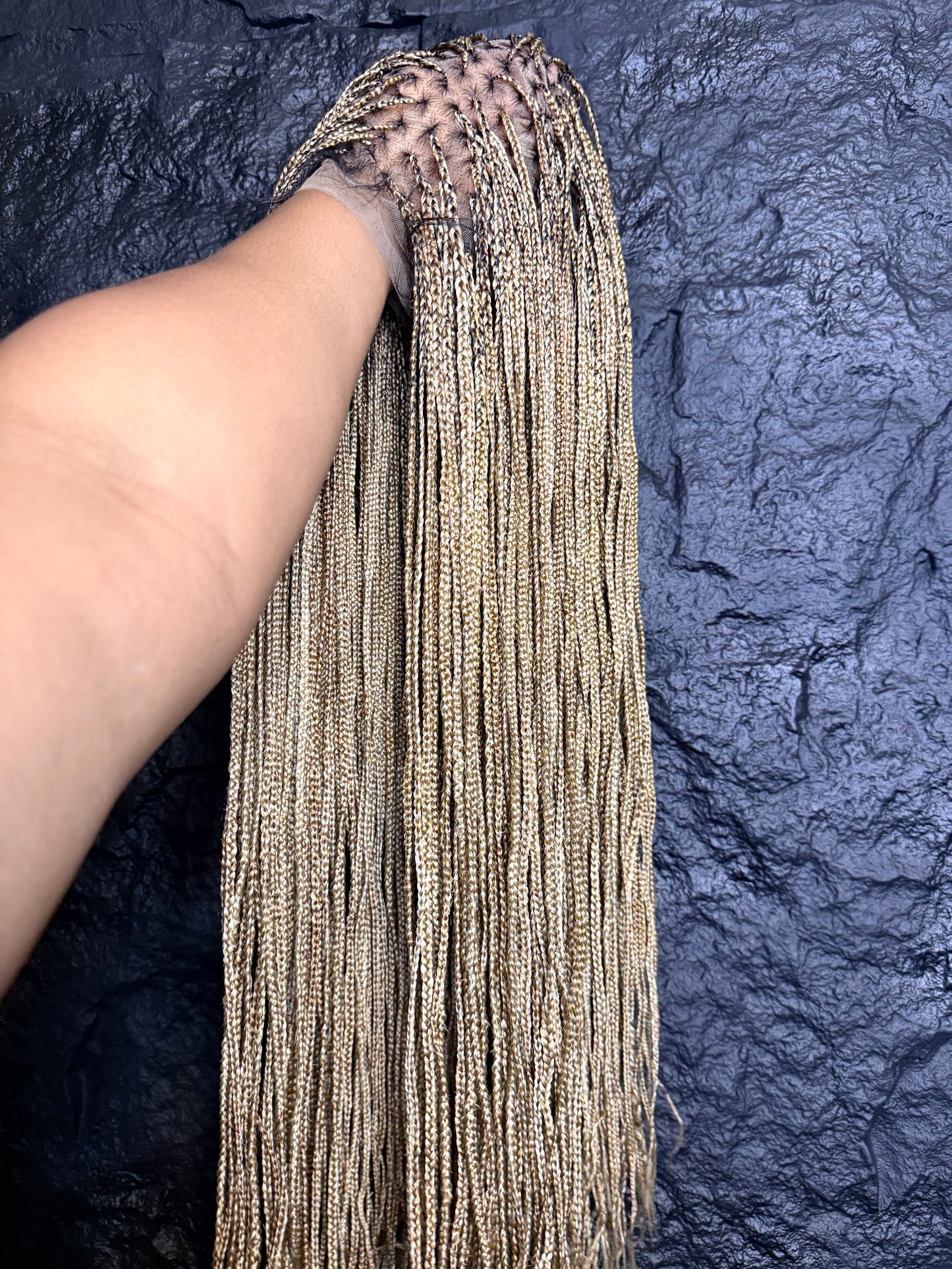 Dark blonde mix micro knotless braids in 30 inches, made with premium synthetic full lace