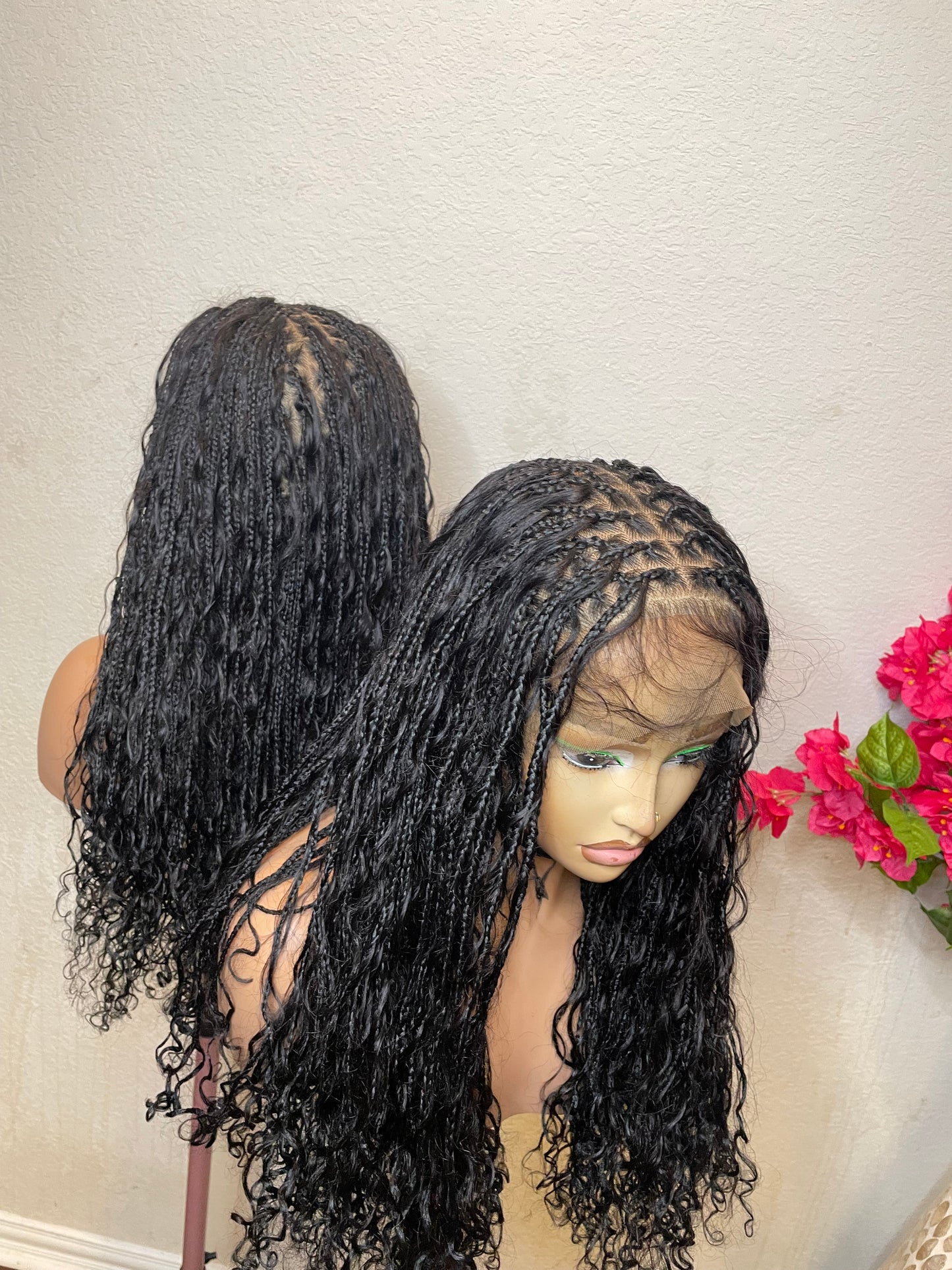 360 full lace boho curls in 18-20 inches made with human hair curls and blend lace.