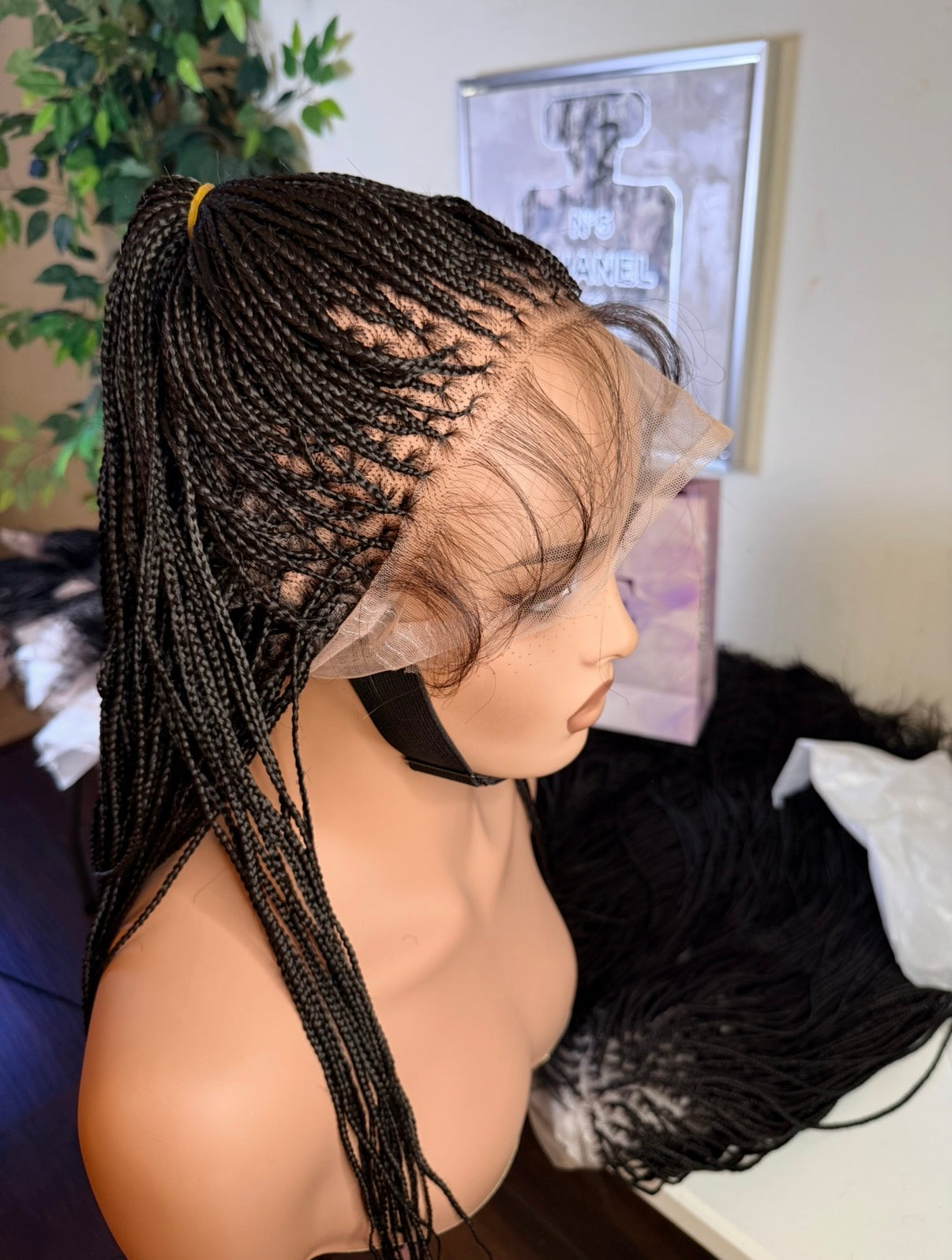 Micro knotless made with Human hair full lace 30 inches. Premium flawless hair lines, lace/knots can be bleached. Made with Transparent Swiss human hair lace.