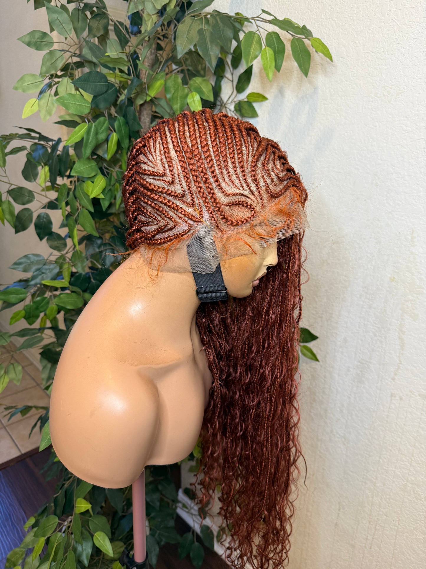 2 side zuma braids, made with hair blend fiber lace and with synthetic curls in 28-30 inches