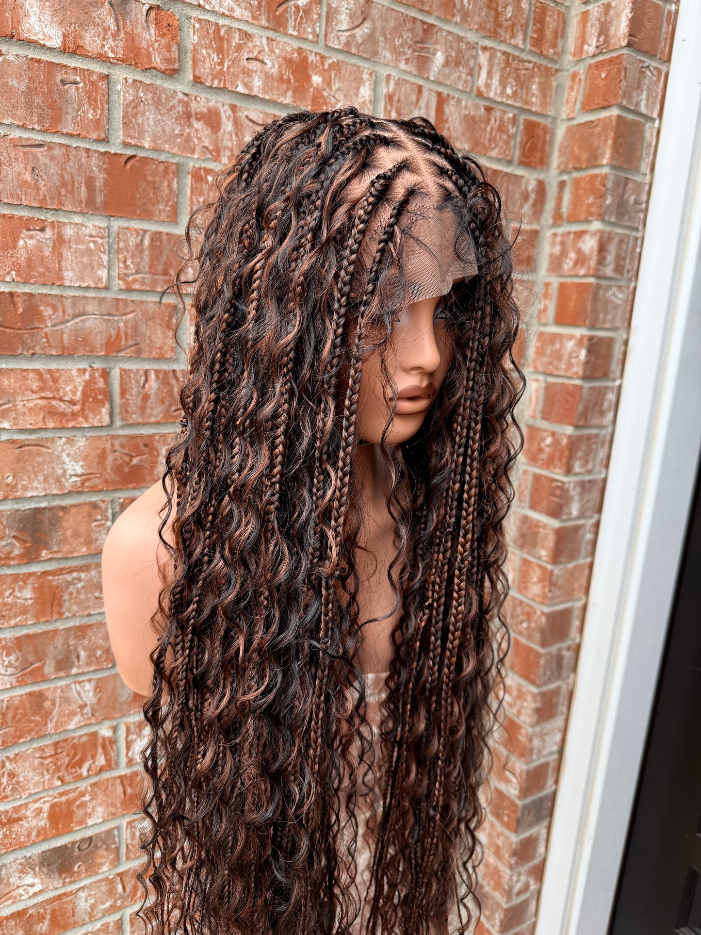 30 inches full lace chunky box braids with synthetic curls.