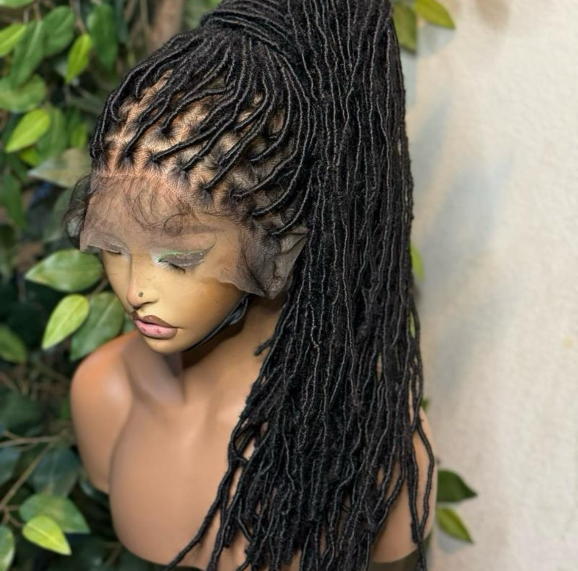 Faux locs made with 360 premium fiber lace. 30 inches, available in different lengths. Medium: Cap size :21.5 – 22.5”