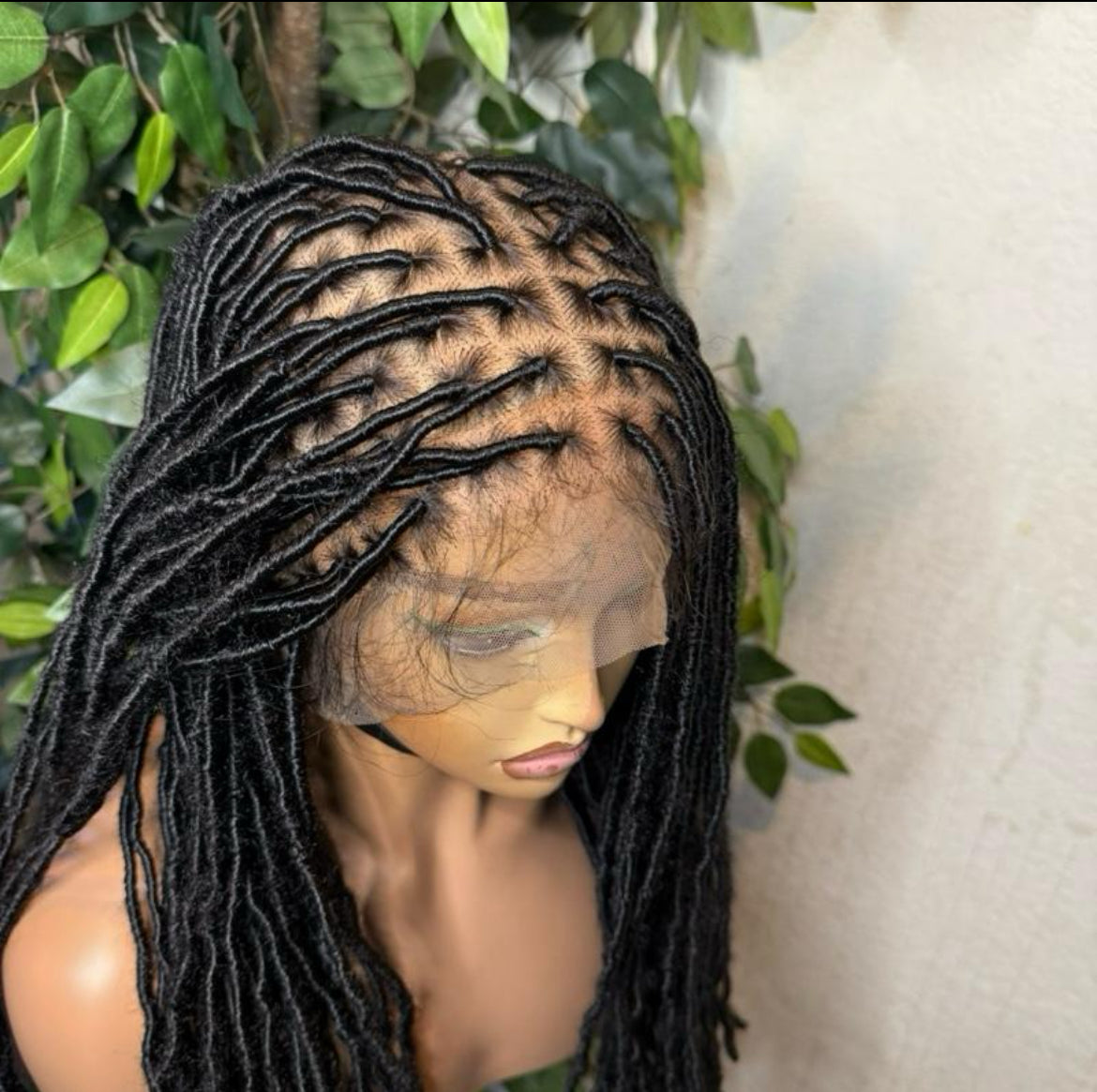 Faux locs made with 360 premium fiber lace. 30 inches, available in different lengths. Medium: Cap size :21.5 – 22.5”
