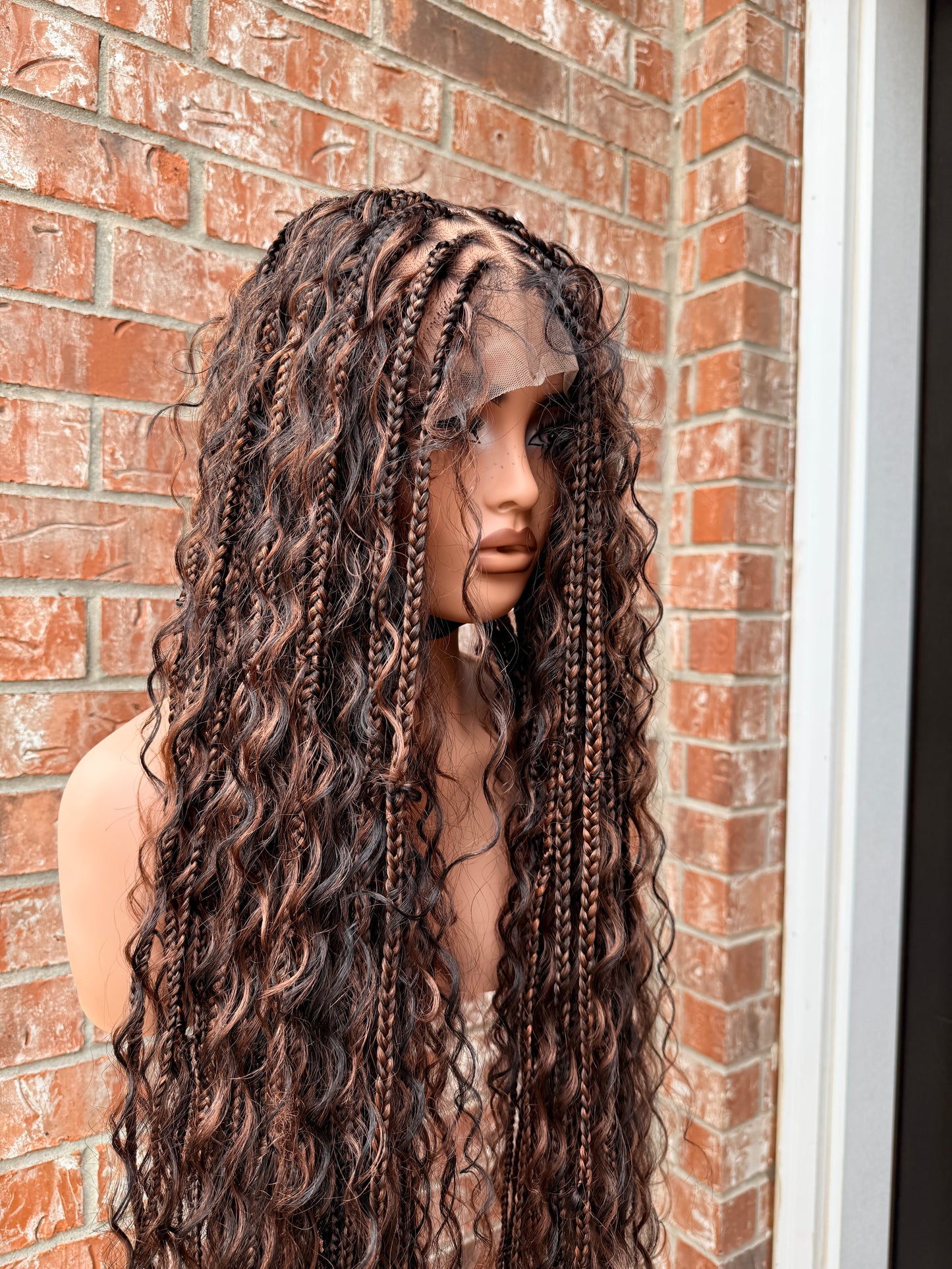 30 inches full lace chunky box braids with synthetic curls.