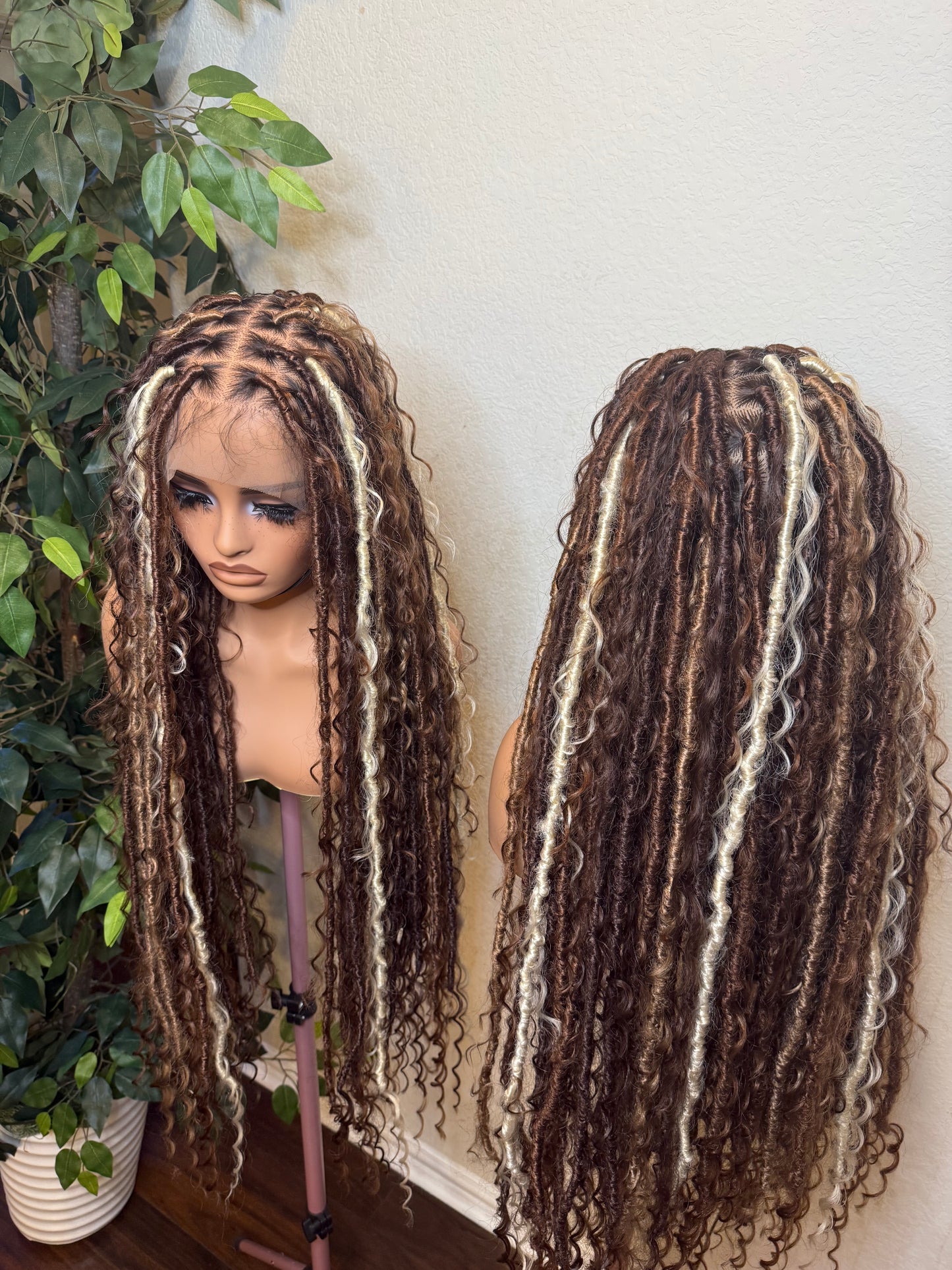 Full lace Faux locs made with fiber lace with synthetic boho braids in 32 inches. Medium: Cap size :21.5 – 22.5”