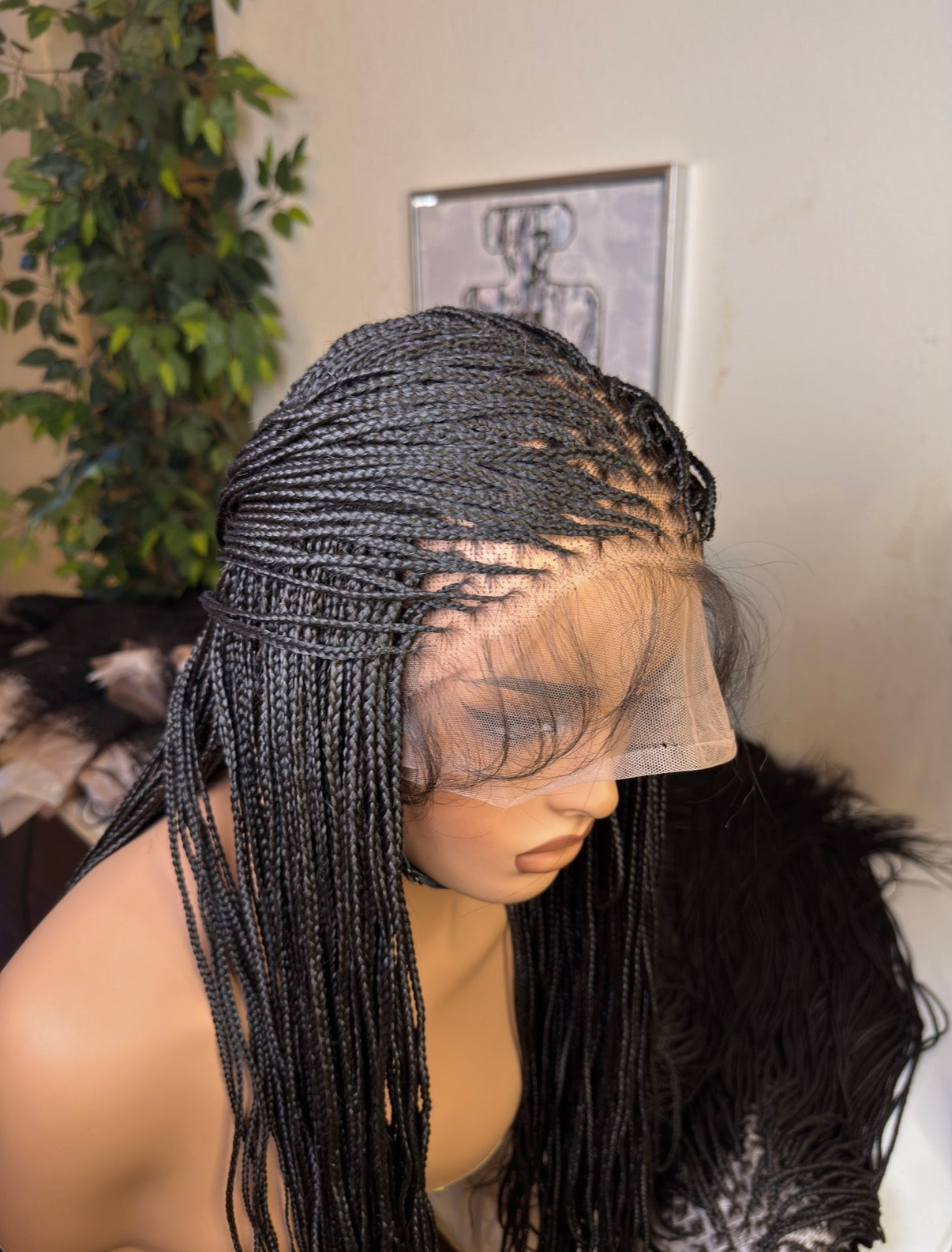 Micro knotless made with Human hair full lace 30 inches. Premium flawless hair lines, lace/knots can be bleached. Made with Transparent Swiss human hair lace.