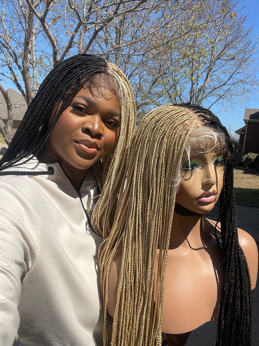 Half blonde and half black tiny knotless braids in 30 inches made with 360 full lace fiber hair blend lace with human hair baby hair