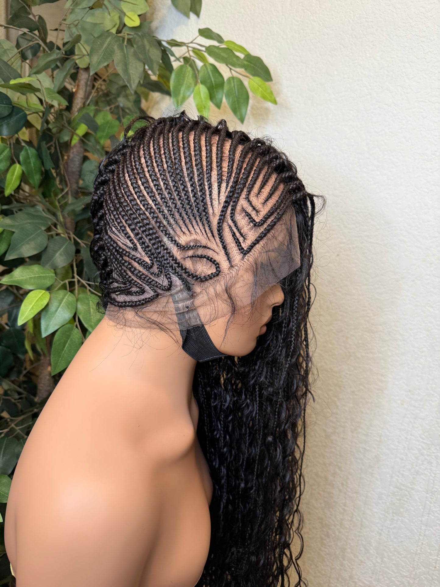 2 side zuma braids, made with hair blend fiber lace and with synthetic curls in 28-30 inches