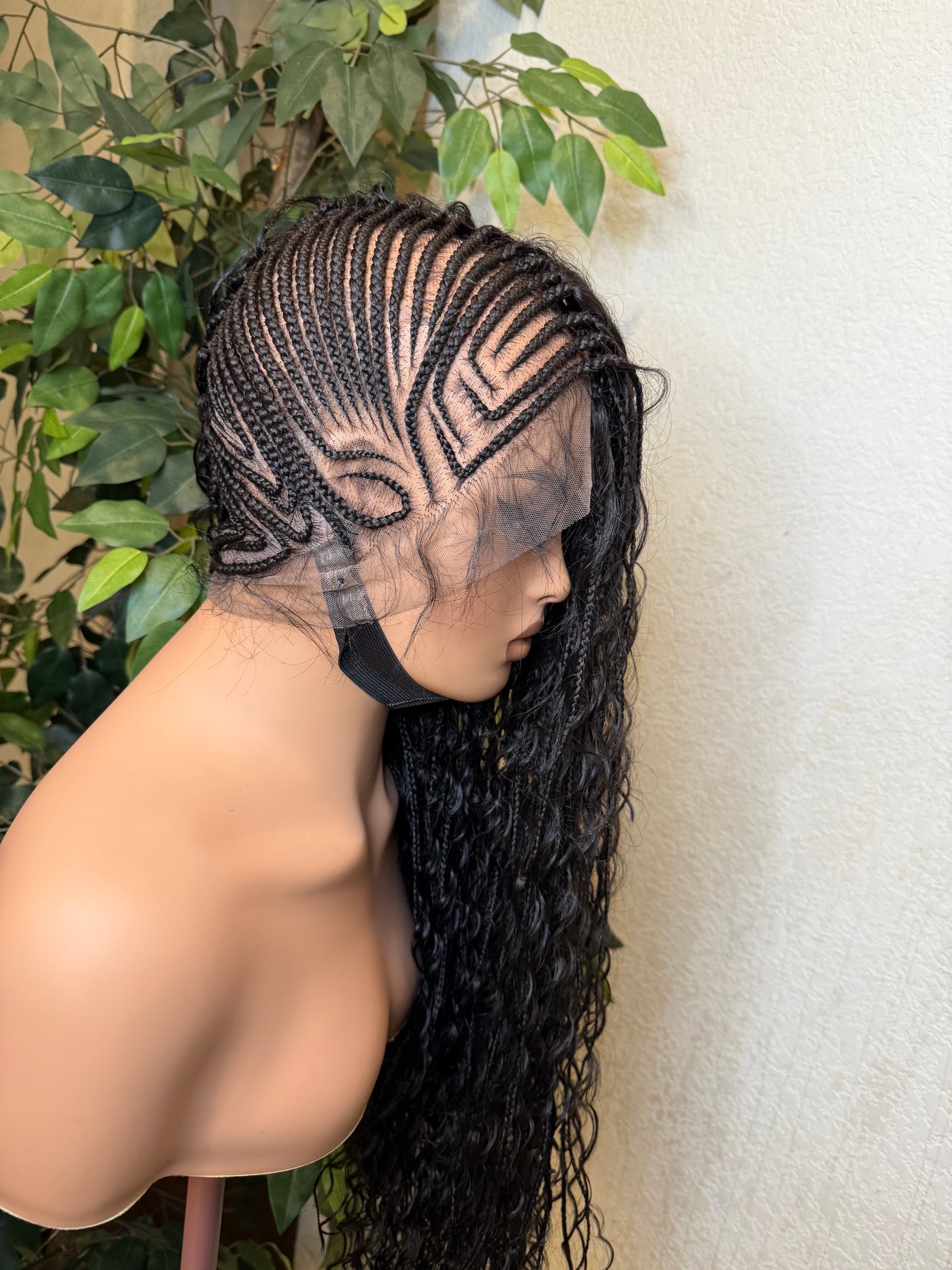 2 side zuma braids, made with hair blend fiber lace and with synthetic curls in 28-30 inches