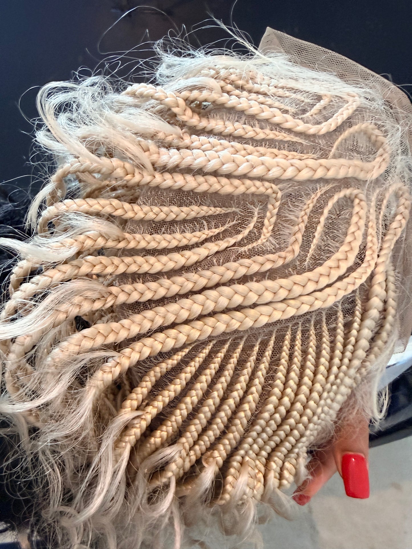 2 side zuma braids, made with hair blend fiber lace and with synthetic curls in 28-30 inches