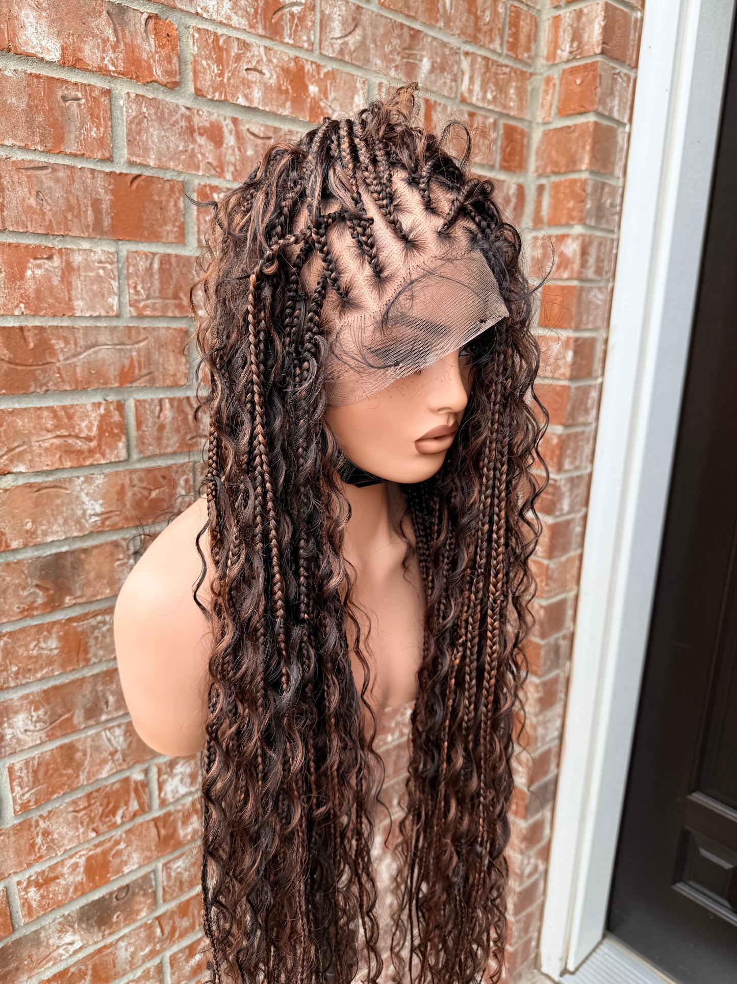 30 inches full lace chunky box braids with synthetic curls.