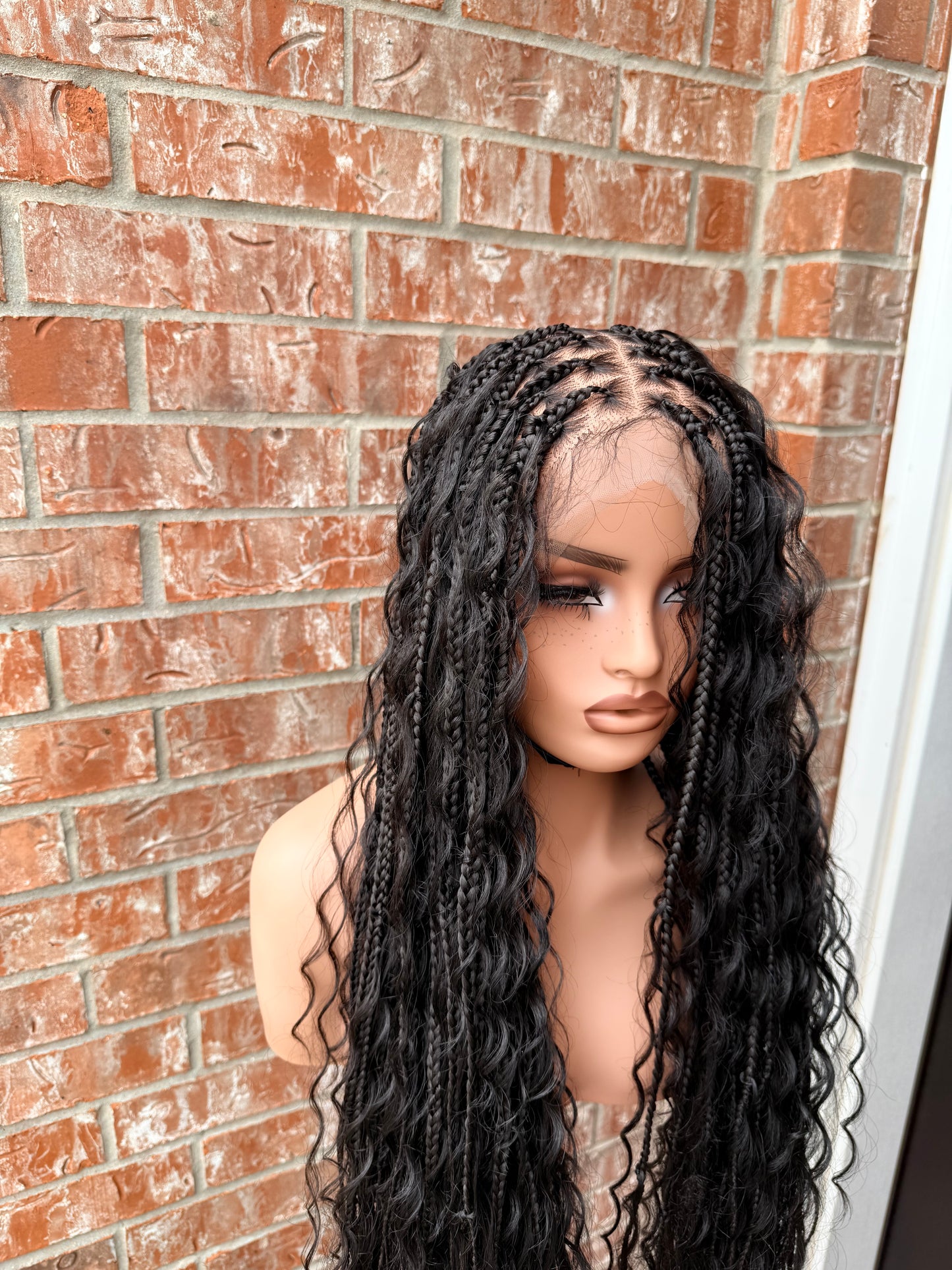 30 inches full lace chunky box braids with synthetic curls.