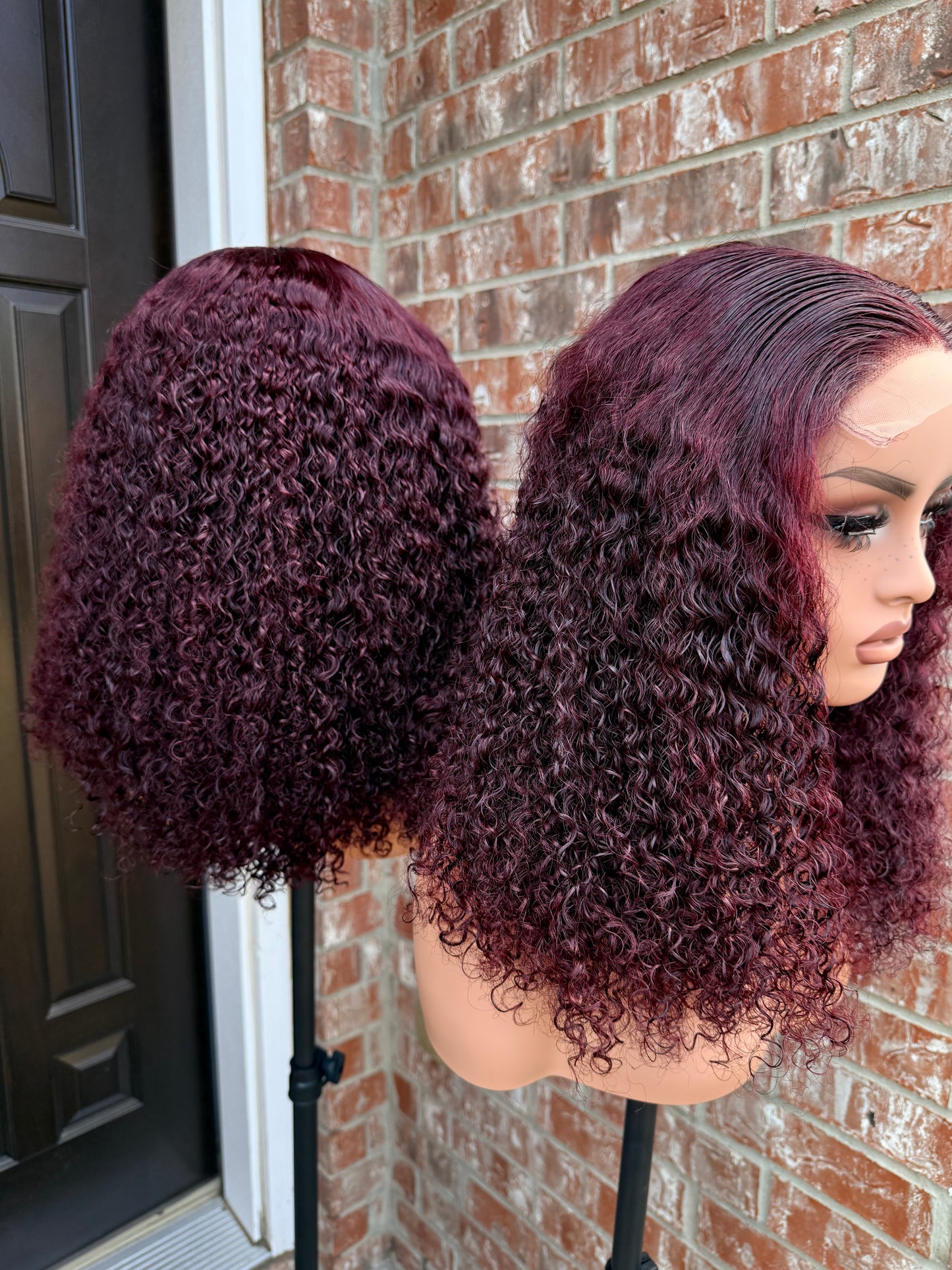 18 inches sdd pixie curly human hair wig. In 99J, 250+ density. Very water friendly.
