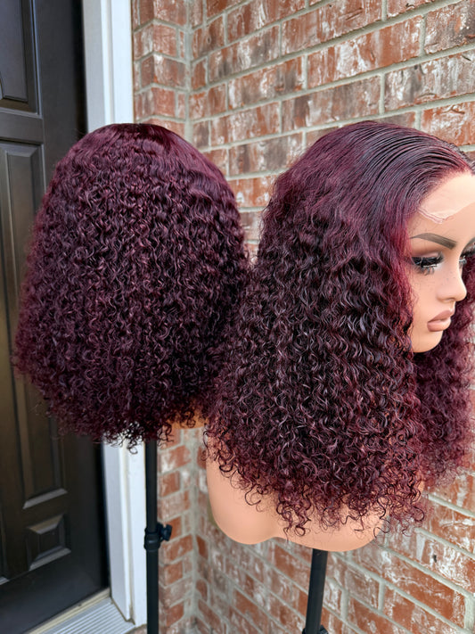 18 inches sdd pixie curly human hair wig. In 99J, 250+ density. Very water friendly.