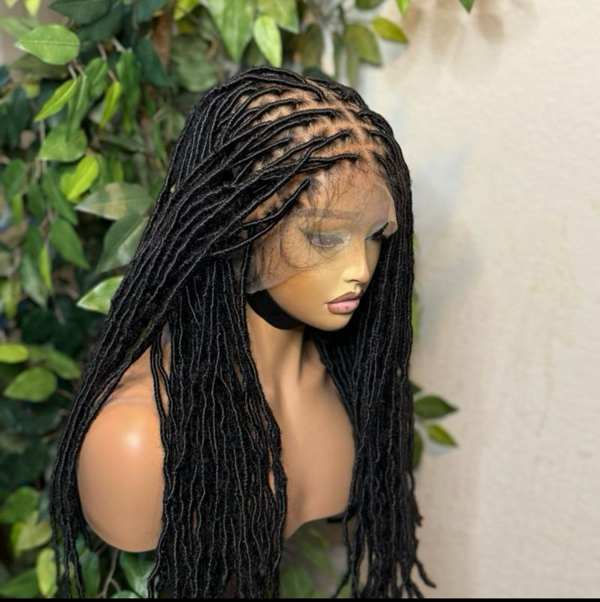 Faux locs made with 360 premium fiber lace. 30 inches, available in different lengths. Medium: Cap size :21.5 – 22.5”