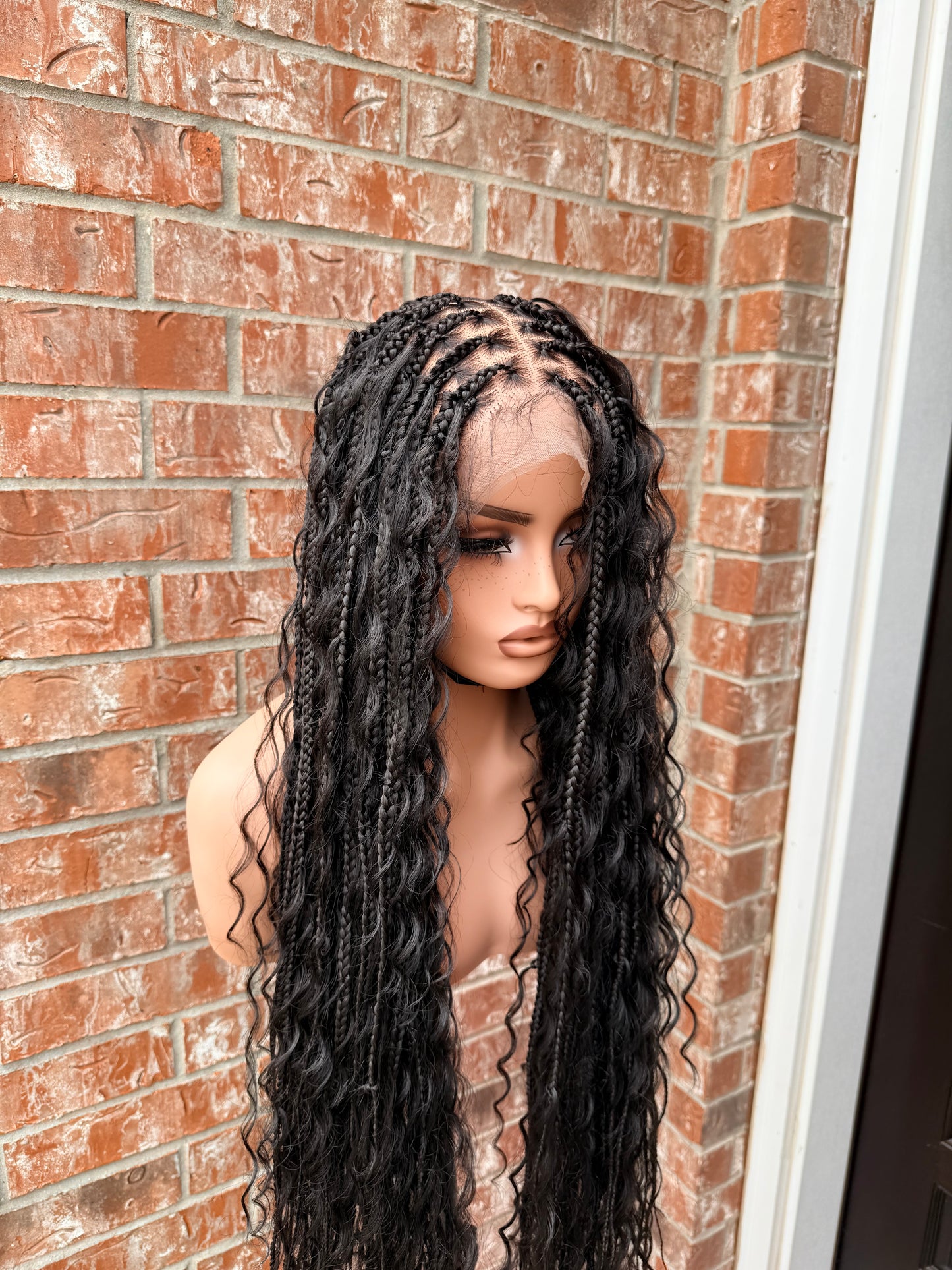 30 inches full lace chunky box braids with synthetic curls.