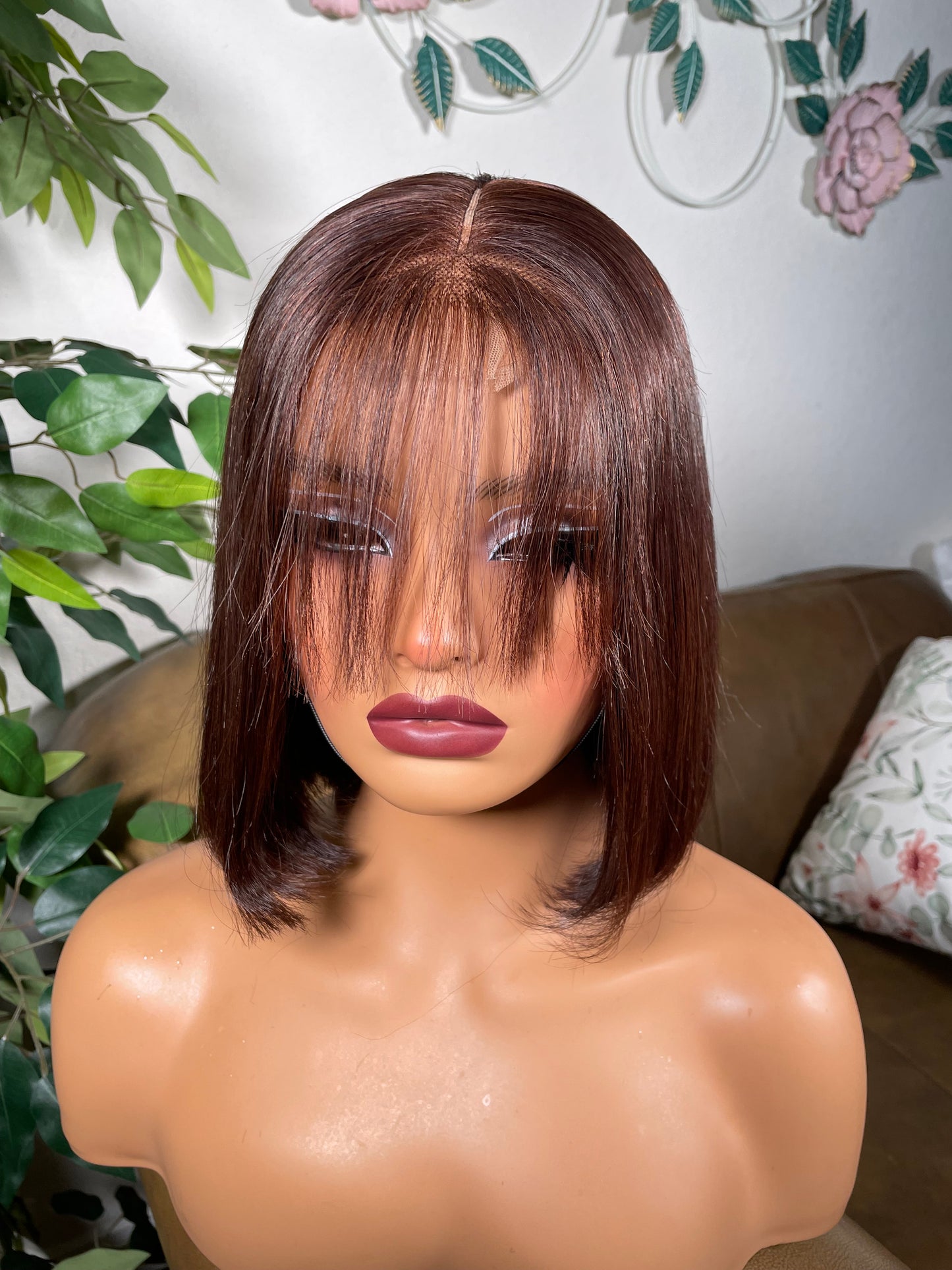 8 inches glueless bob wig with bangs.