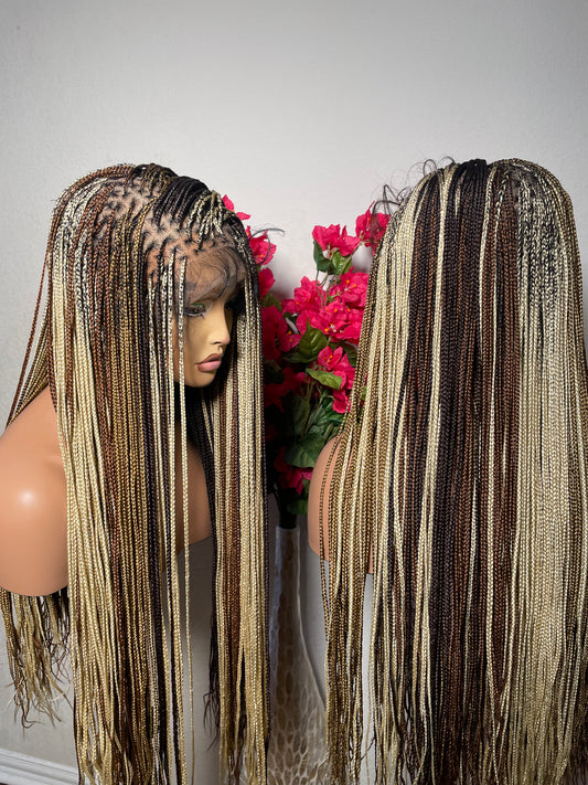 Yellow brown multi color micro  knotless braids in 30 inches. 360 full lace.