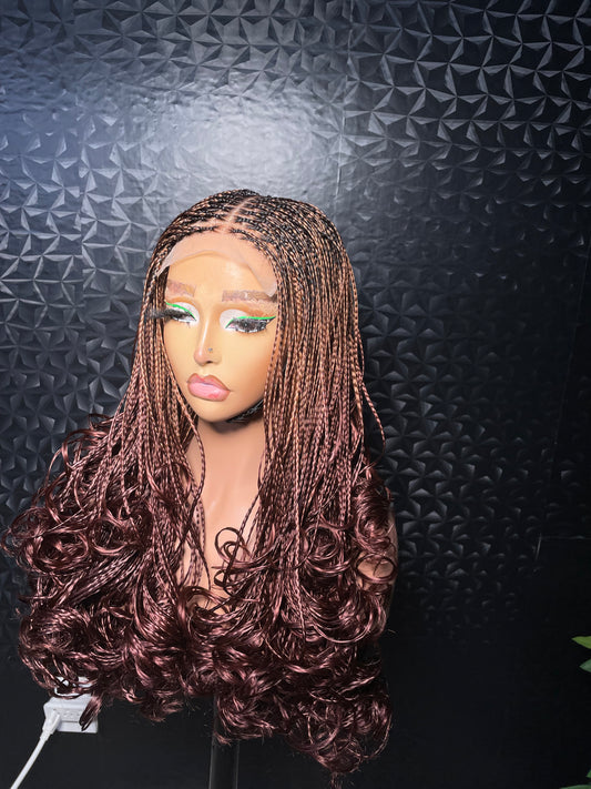 4x4 human hair base closure knotless curly tip braided wigs in  brown 14-16 inches long.