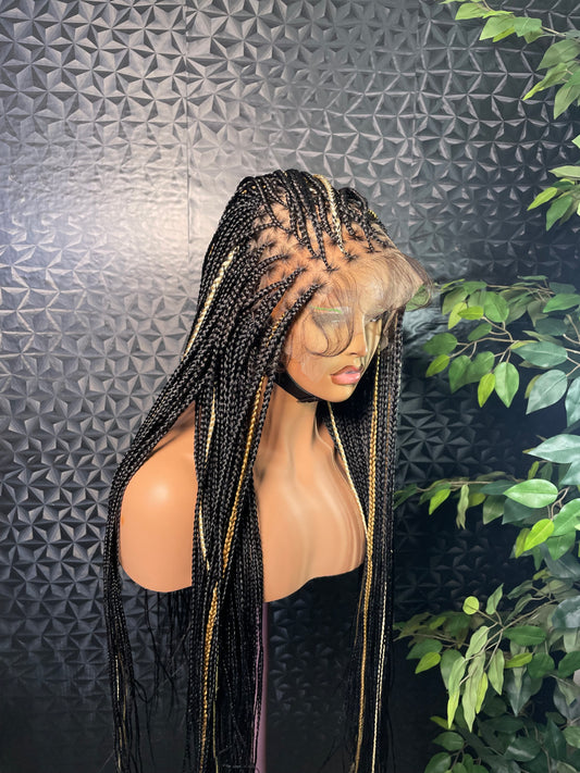 Small size human hair lace Knotless single braids with highlights in 30 inches (13x4 frontal)