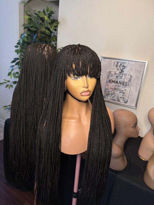 360 Glueless wig with bangs, made with Blend lace. no glue needed.