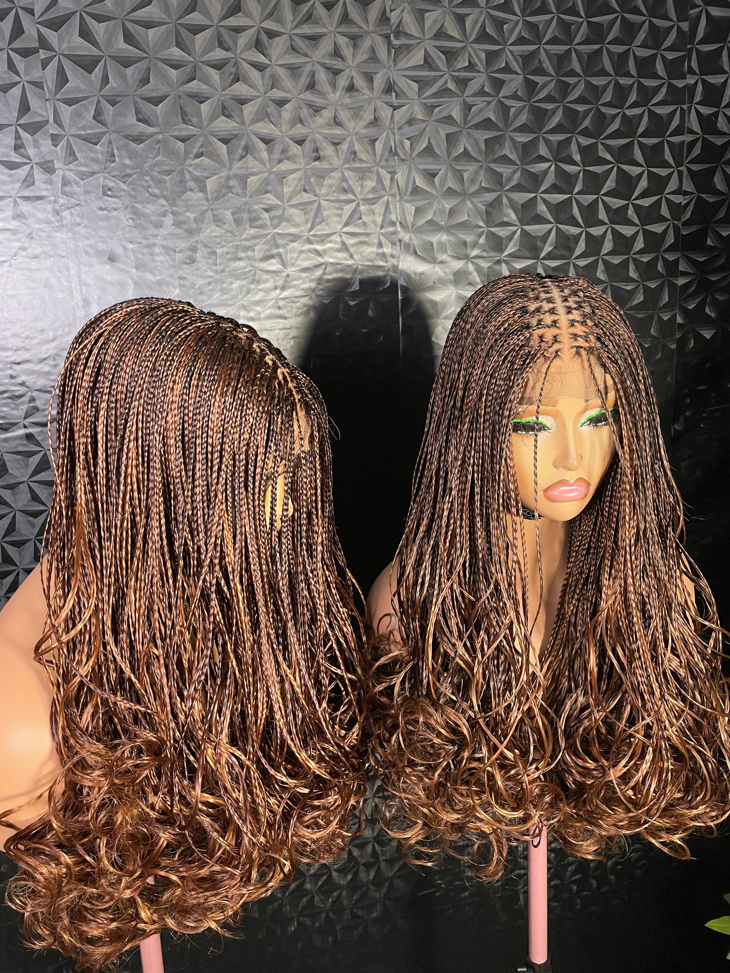 2x6 human hair base closure knotless curly tip braided wigs in  brown 14-16 inches long.