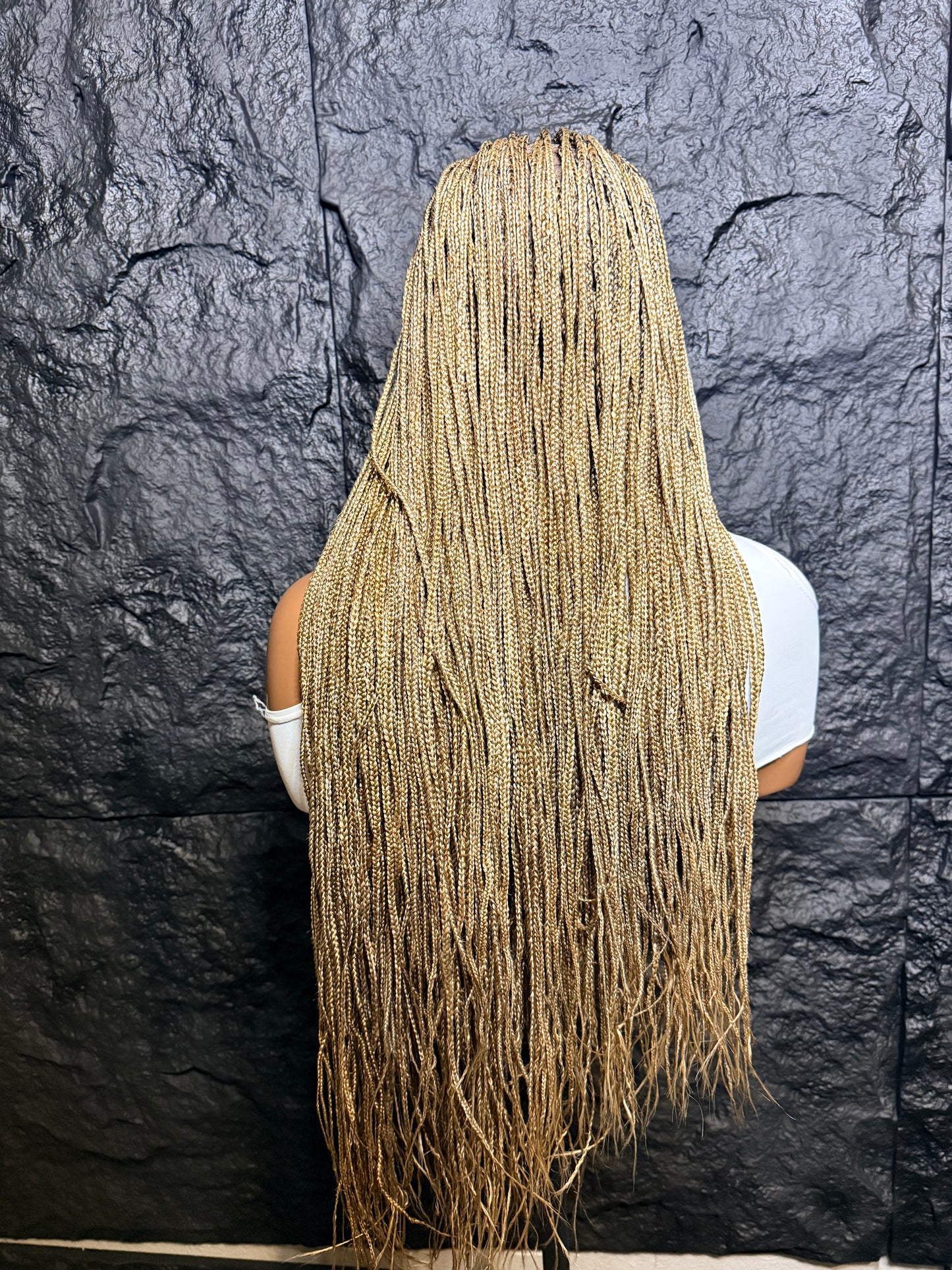 Dark blonde mix micro knotless braids in 30 inches, made with premium synthetic full lace