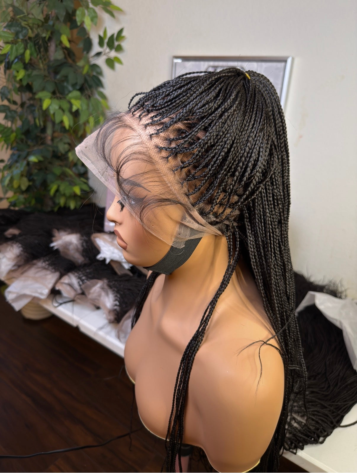 Micro knotless made with Human hair full lace 30 inches. Premium flawless hair lines, lace/knots can be bleached. Made with Transparent Swiss human hair lace.