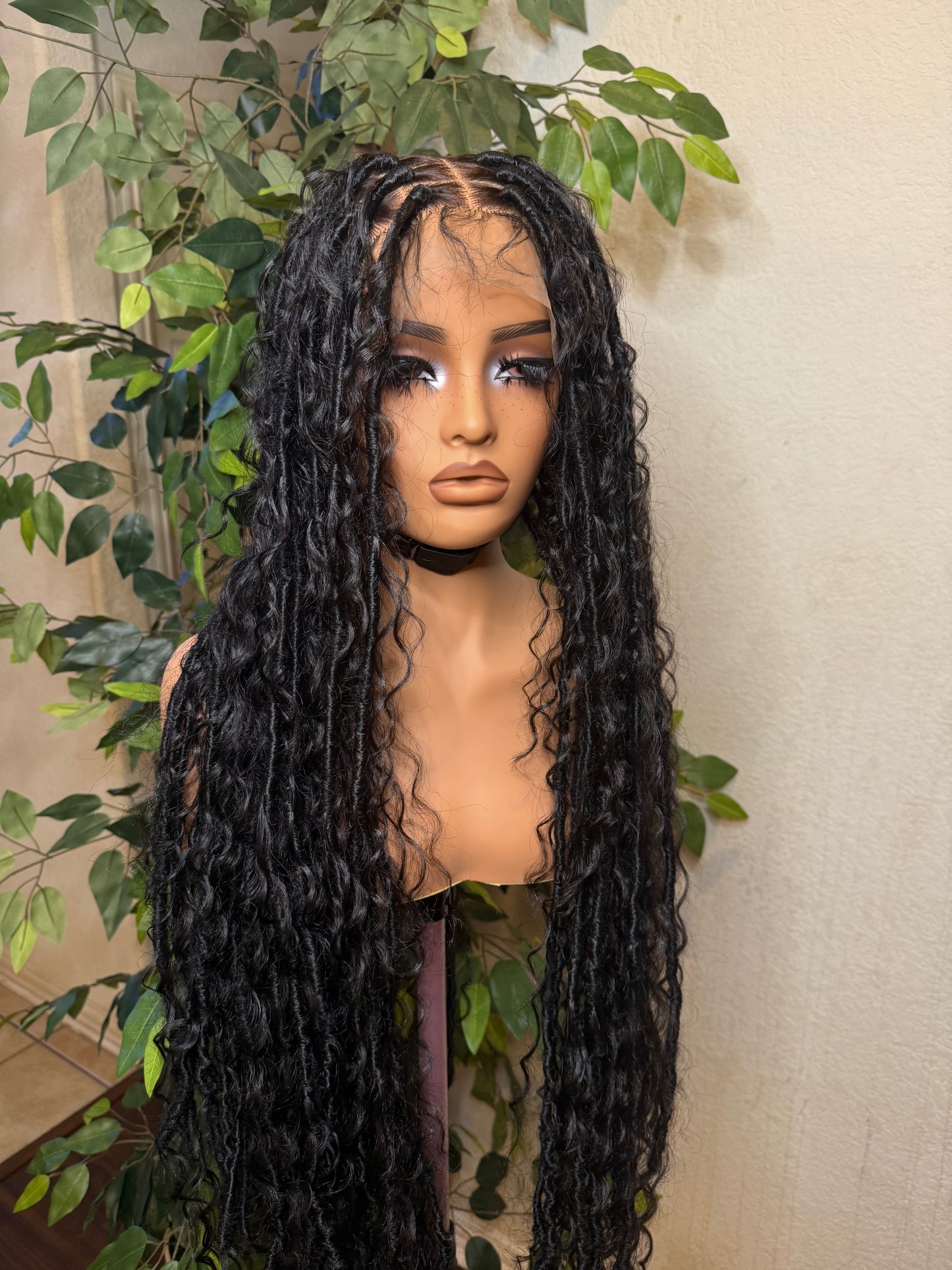 Full lace Faux locs made with fiber lace with synthetic boho braids in 32 inches. Medium: Cap size :21.5 – 22.5”