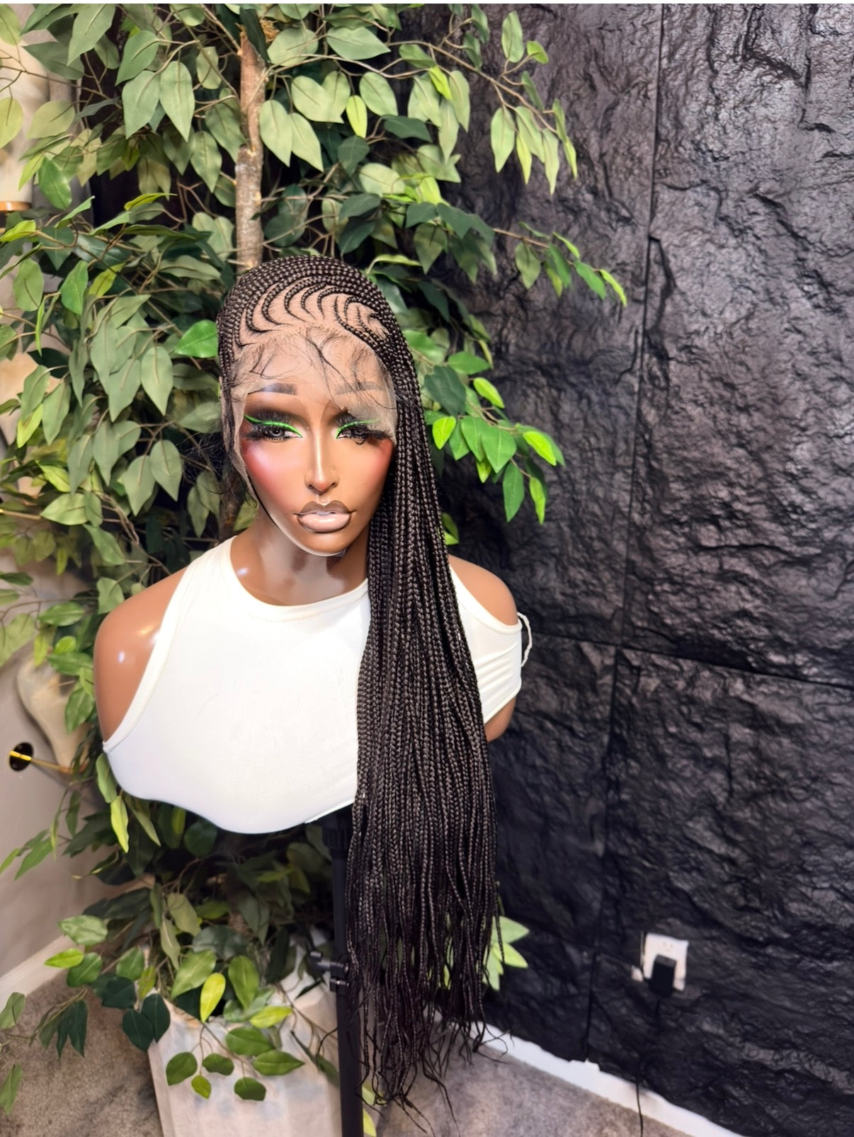 Hearted lemonade cornrow braids made on a premium fiber synthetic full lace. 30 inches in medium cap size