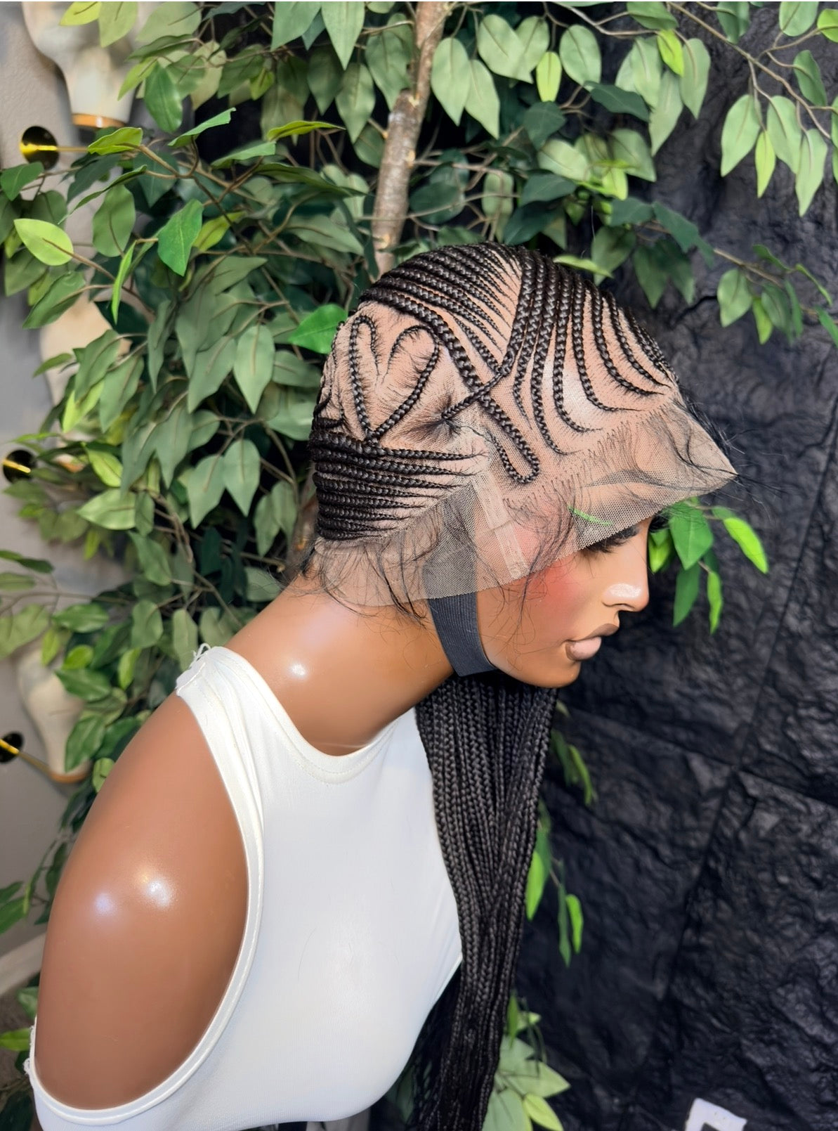 Hearted lemonade cornrow braids made on a premium fiber synthetic full lace. 30 inches in medium cap size