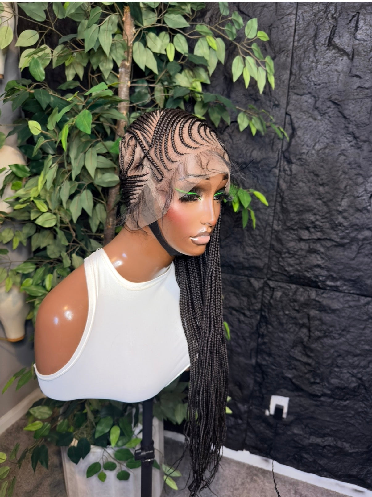 Hearted lemonade cornrow braids made on a premium fiber synthetic full lace. 30 inches in medium cap size